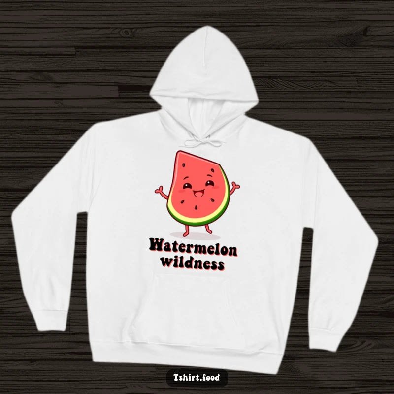 Funny hoodie featuring a slice of watermelon dancing with a wide, silly grin, designed for ultimate comfort and fun.