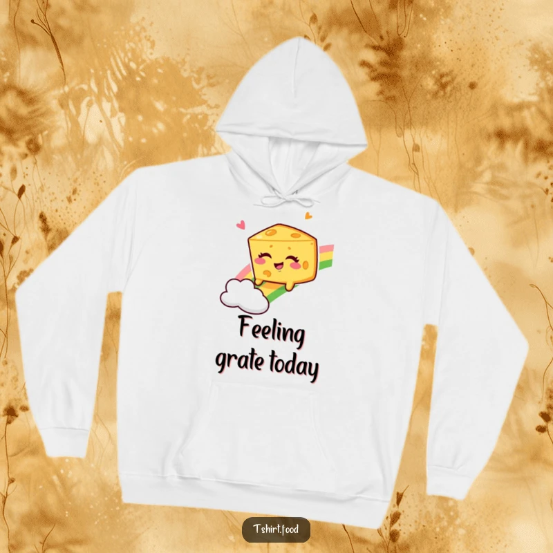 Funny Winking Cheese Wedge Hoodie, a cheerful character sliding down a colorful rainbow, radiating pure, silly joy.