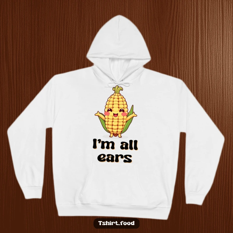 Funny hoodie featuring a friendly corn cob character with arms reaching out for a comforting, humorous hug, perfect for cozying up.