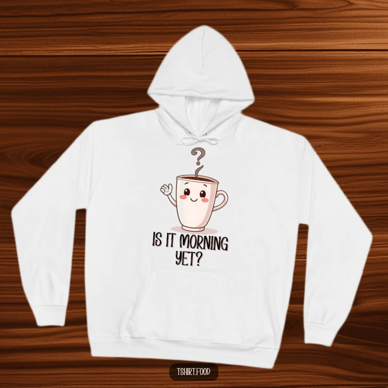 Funny cozy hoodie featuring a waving coffee cup character, steam forming a question mark, perfect for warm and witty moments.