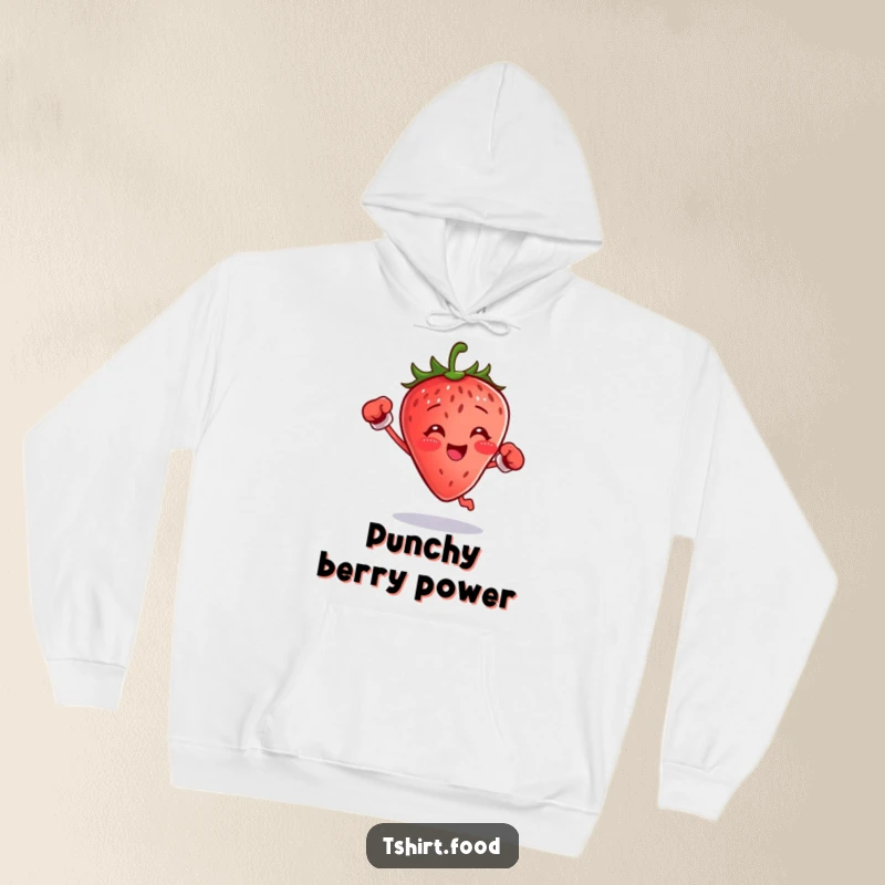 Funny boxing strawberry hoodie showing a small fruit jumping with gloves, a comfy funny gift.
