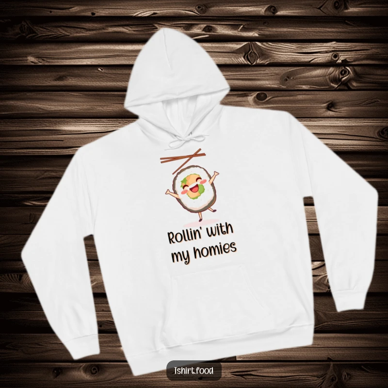 Funny hoodie featuring a smiling sushi roll performing an energetic cartwheel with chopsticks in the air, offering comfort and humor.