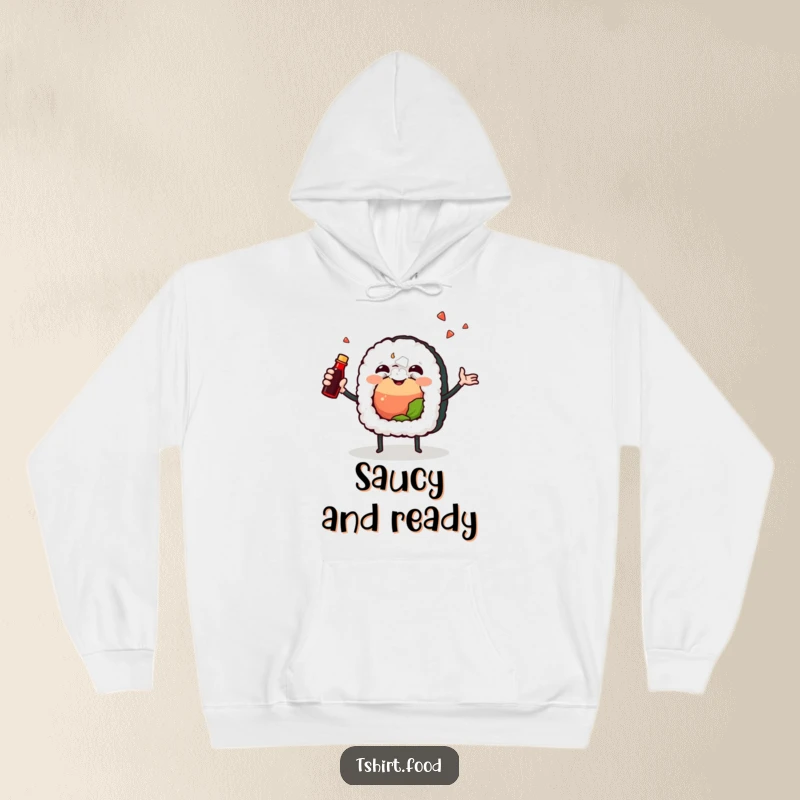 Funny hoodie with a joyful sushi roll character enthusiastically juggling a soy sauce bottle, combining cozy comfort with culinary humor.