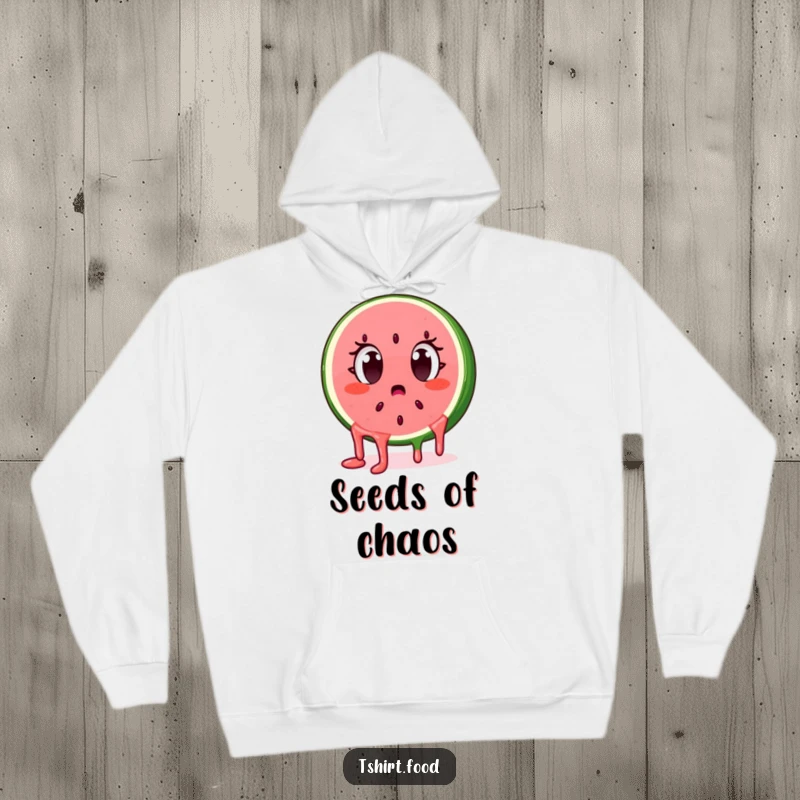 Funny surprised watermelon slice character with dripping seeds, eyes wide, on a cozy hoodie. Comfortable and comical.