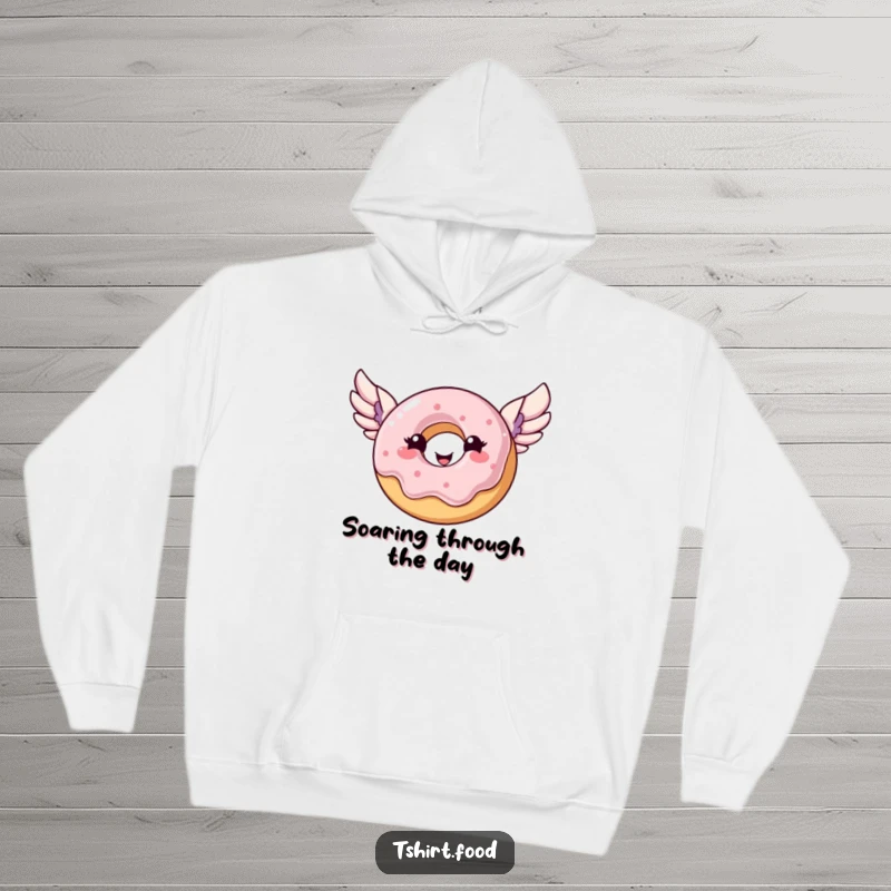 Funny donut hoodie featuring a happy donut with wings soaring, embodying warmth and delicious freedom.