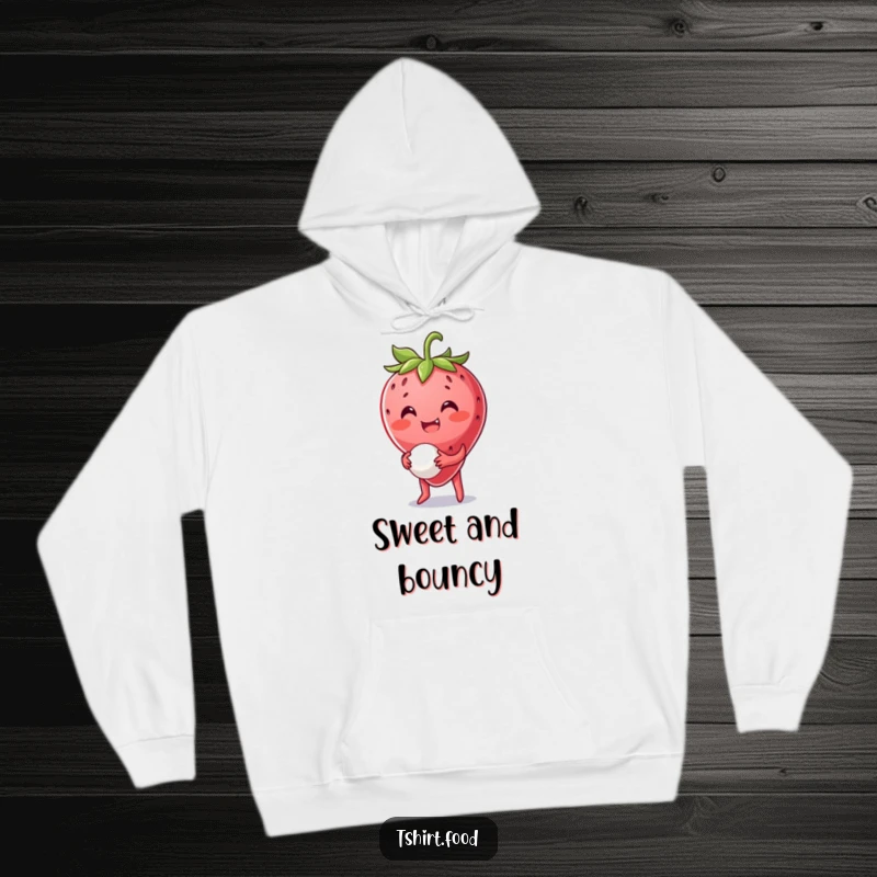 Funny Strawberry Hoodie: A happy strawberry character bounces a small ball between its hands, radiating warmth and playful sweetness.