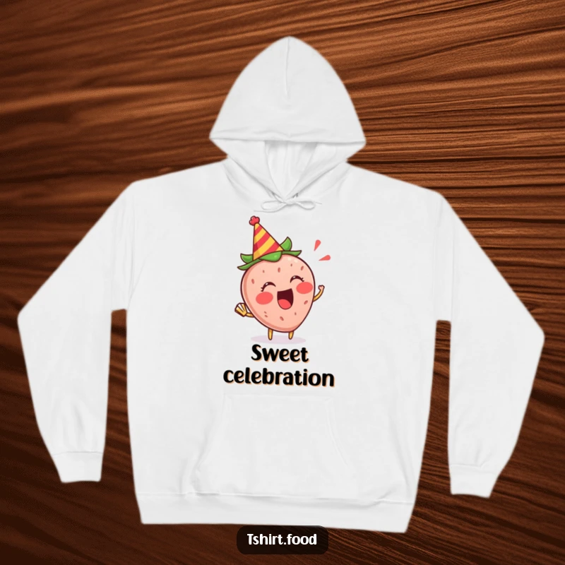 Funny Strawberry Party Hoodie: An excited strawberry in a party hat blowing a horn, embodying joyous celebration.
