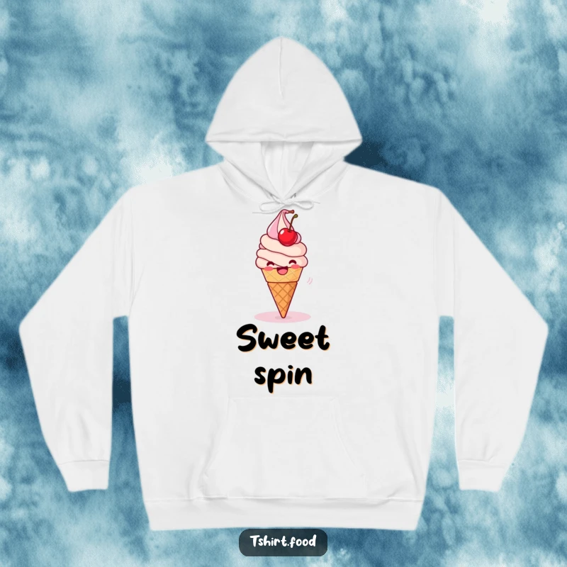 Funny Hoodie: A delighted ice cream cone spins with a wobbling cherry, bringing sweet cheer to this comfortable apparel.
