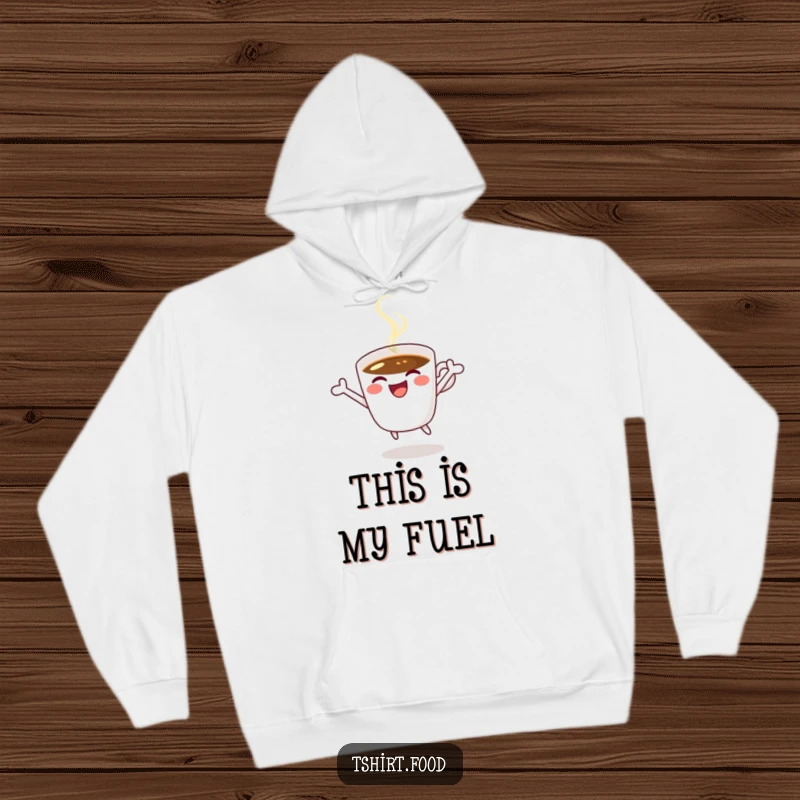 Funny coffee hoodie featuring a happy coffee cup winking and jumping, embodying warmth and morning perkiness.