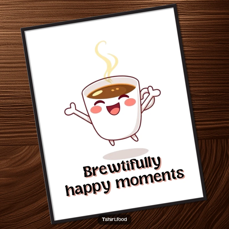 Funny Free Printable Wall Art: A winking coffee cup captured mid-leap, radiating pure joy and energetic vibes.