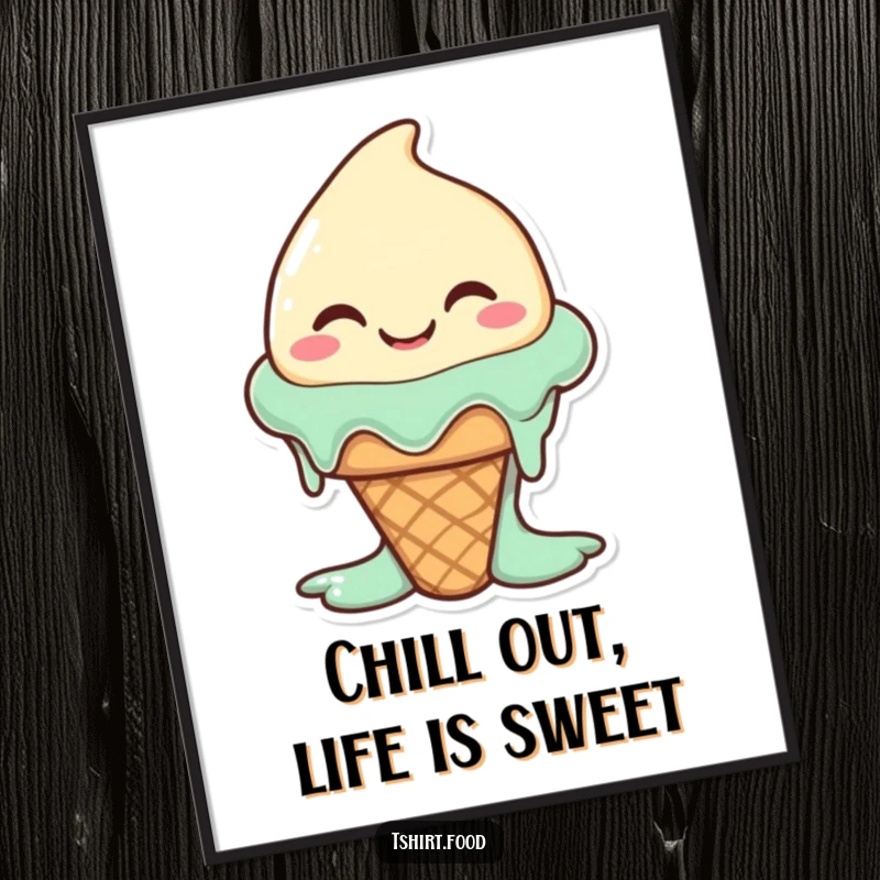 Funny Free Printable Wall Art of a happy, slightly melting ice cream cone with a silly smile.