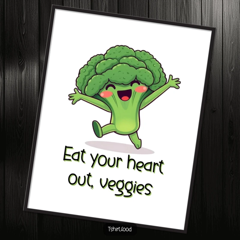 Funny Free Printable Wall Art: A happy broccoli character performing a cartwheel with arms thrown wide, full of energy.