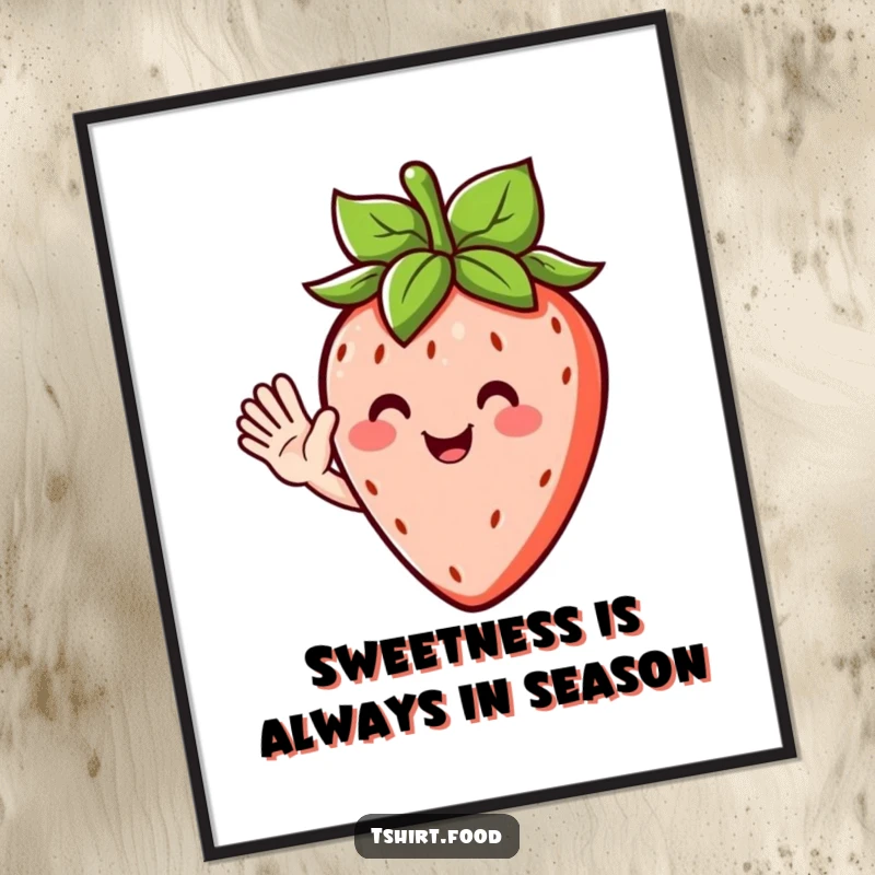 Funny Free Printable Wall Art depicting a happy strawberry character with leafy hair, joyfully waving hello.