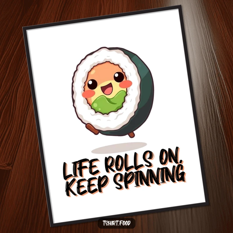 Funny Free Printable Wall Art: A smiling sushi roll captured mid-cartwheel, radiating playful energy and joy.