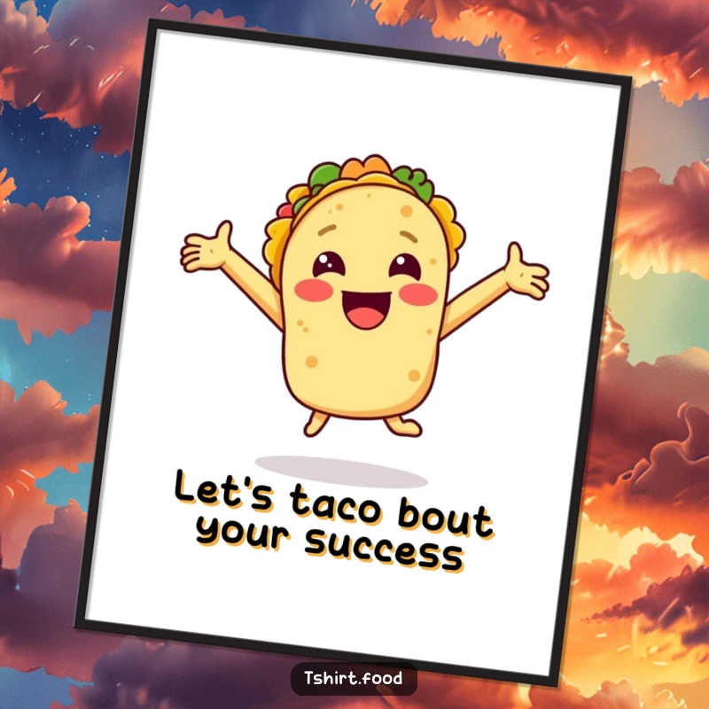 Funny Free Printable Wall Art: A smiling taco with arms outstretched jumps enthusiastically in joy.