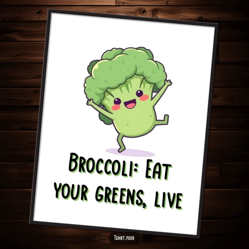 Funny Free Printable Wall Art: A dynamic broccoli floret with arms and legs doing an enthusiastic cartwheel.