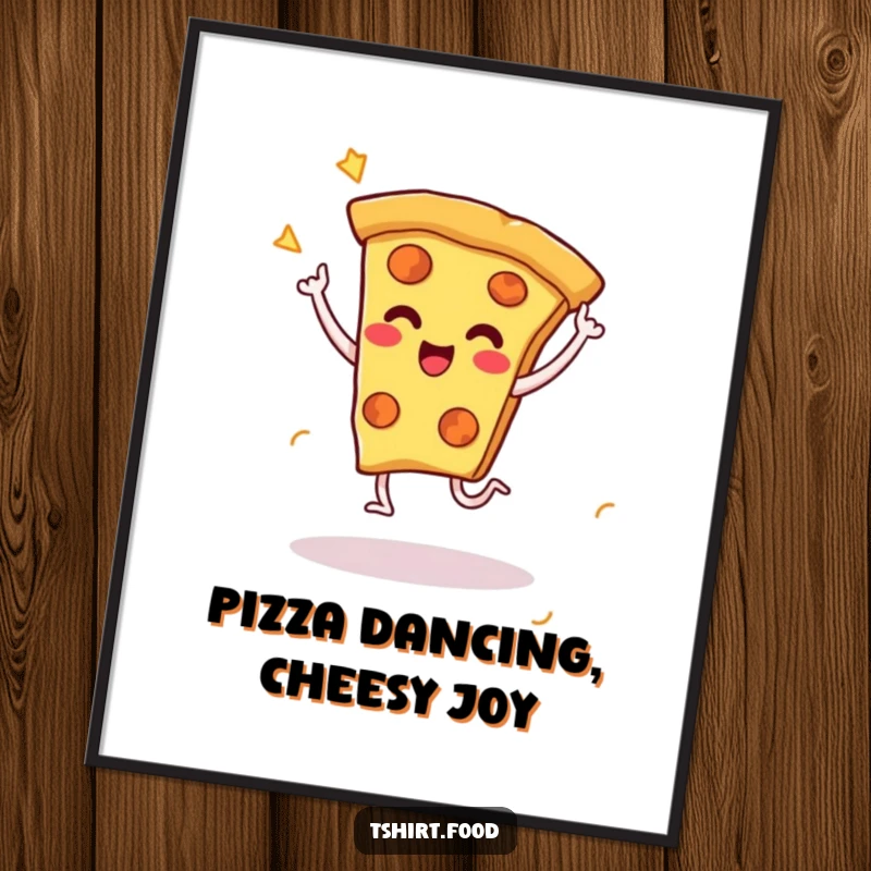 Funny Free Printable Wall Art: A grinning pizza slice character with tiny legs performs an energetic celebratory dance, spreading cheesy joy.