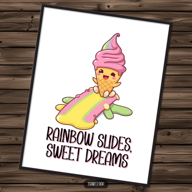 Funny Free Printable Wall Art: A smiling ice cream cone joyfully slides down a vibrant rainbow after a delightful, colorful melt.