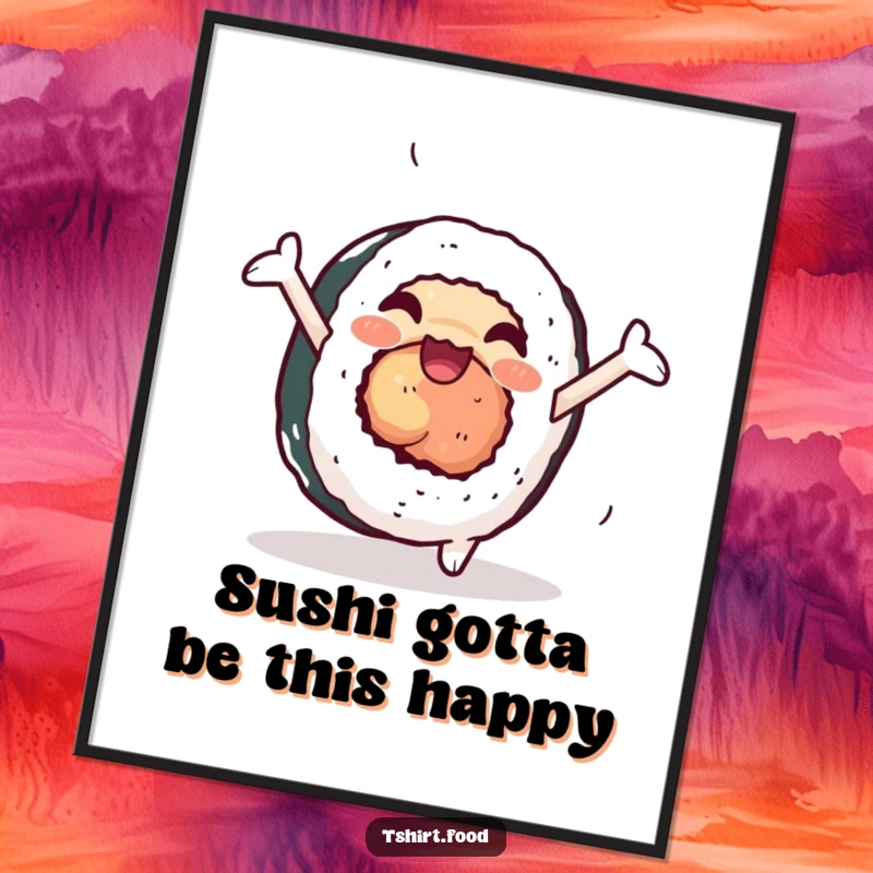 Funny Free Printable Wall Art: A sushi roll with arms in a dynamic cartwheel, bringing energetic fun to your wall.