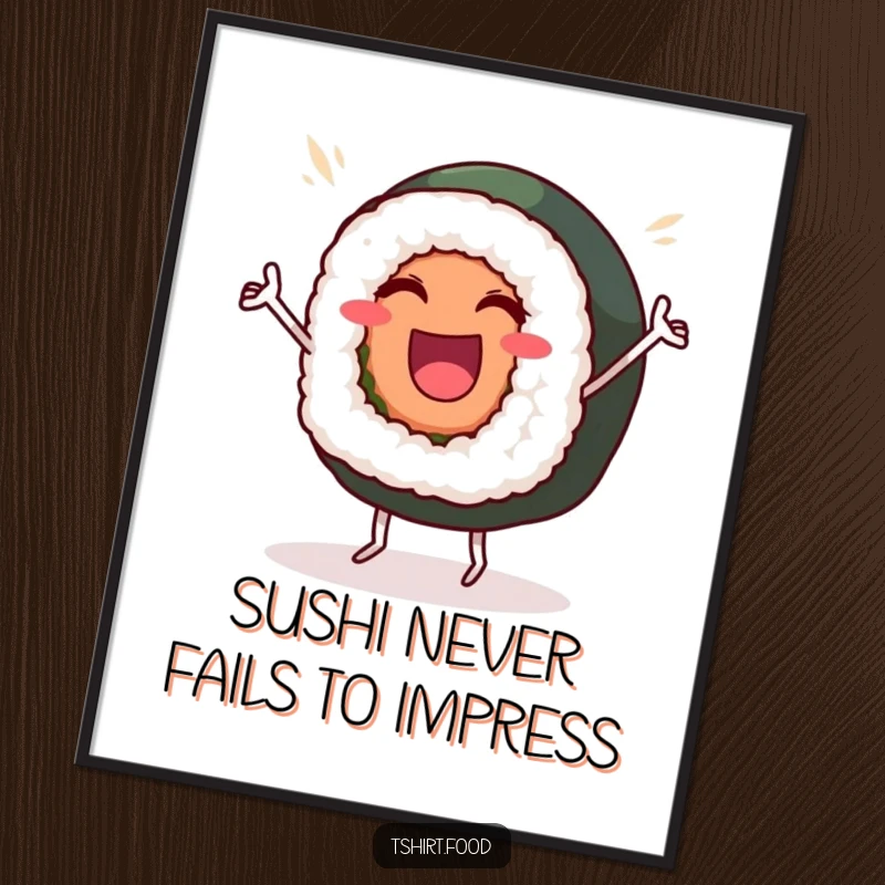 Funny Free Printable Wall Art: A beaming sushi roll with tiny legs performs a happy victory dance.