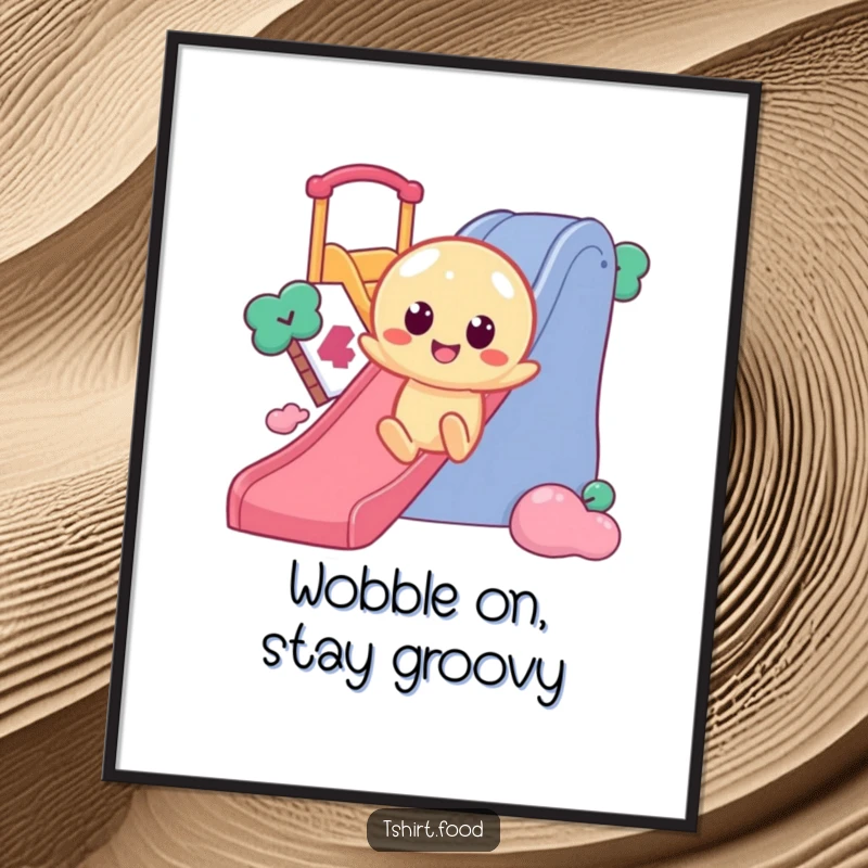 Free Printable Wall Art: Wobbly jelly character with round eyes sliding enthusiastically down a slide, adding playful decor.