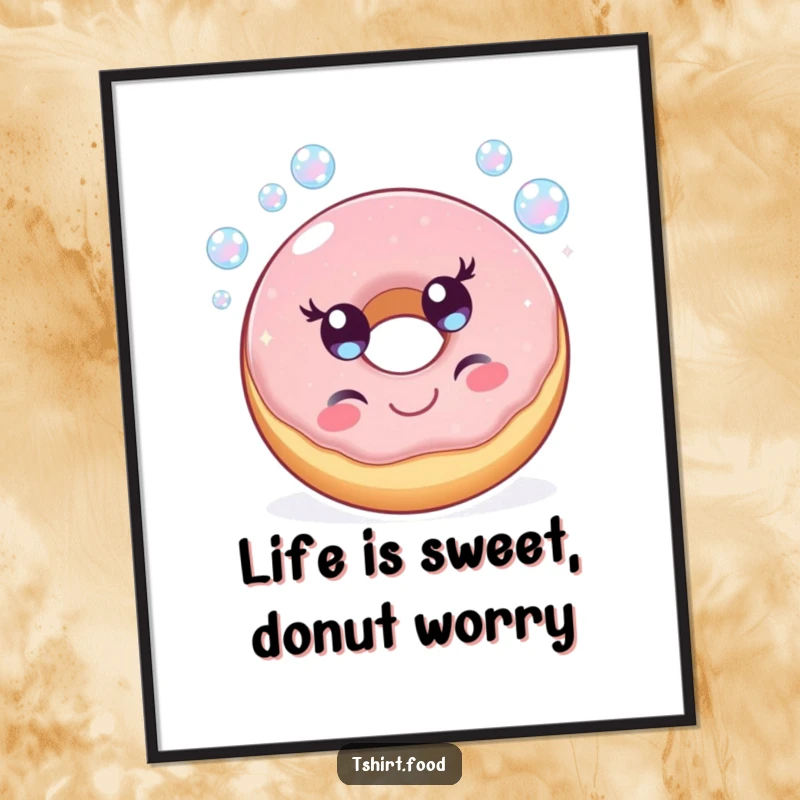 Funny Free Printable Wall Art showing a cheerful donut with sparkling eyes happily blowing iridescent bubbles.