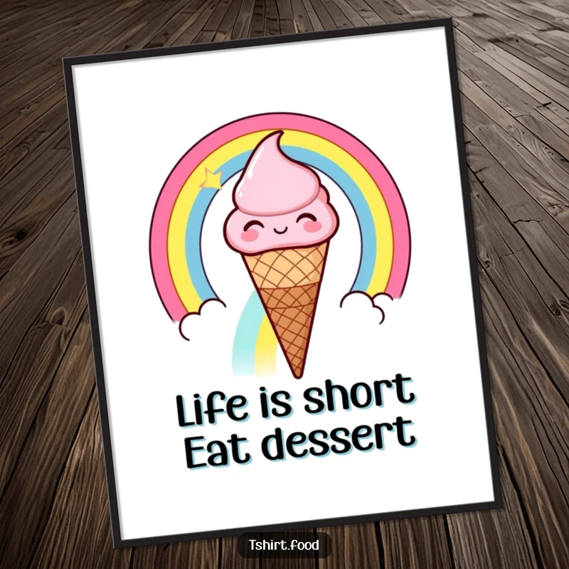Funny Free Printable Ice Cream Cone Wall Art showing a winking cone sliding down a rainbow, great for DIY decor.