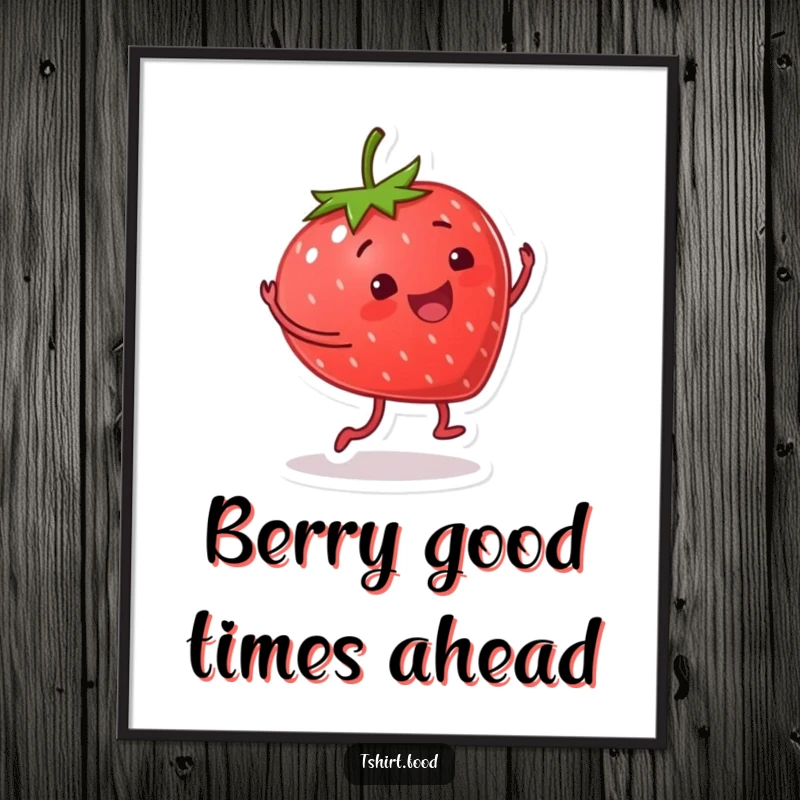 Funny Free Printable Wall Art depicting a smiling strawberry with little legs doing a happy, energetic cartwheel.