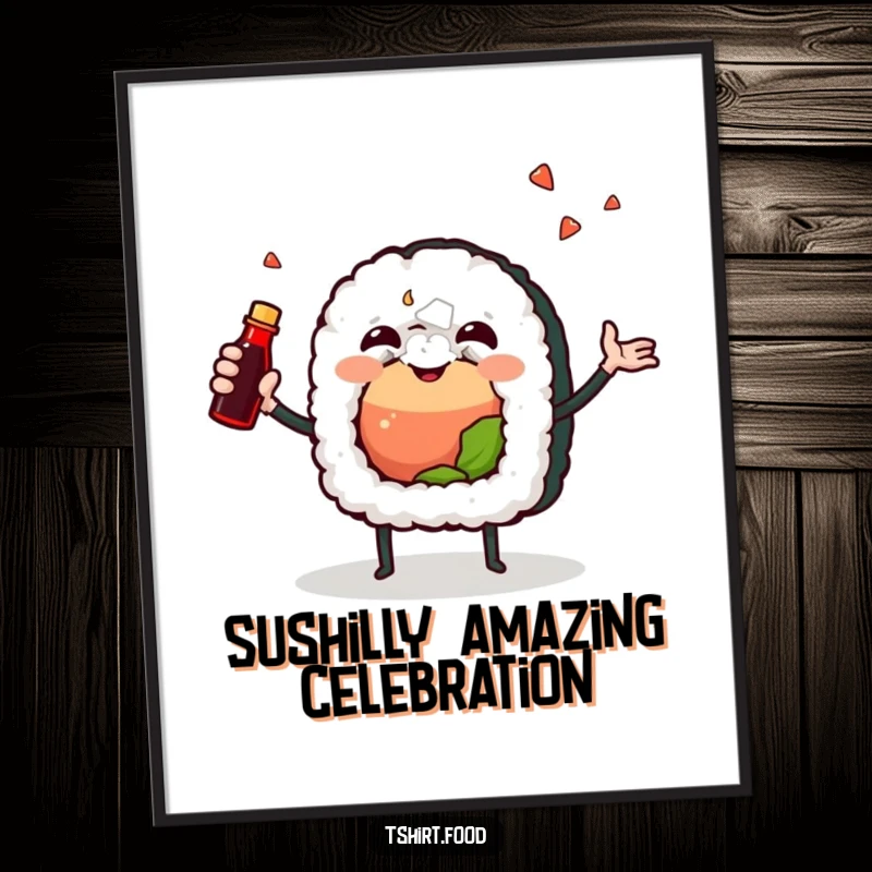 Funny Free Printable Wall Art showcasing a joyful sushi roll character gleefully juggling a tiny soy sauce bottle.