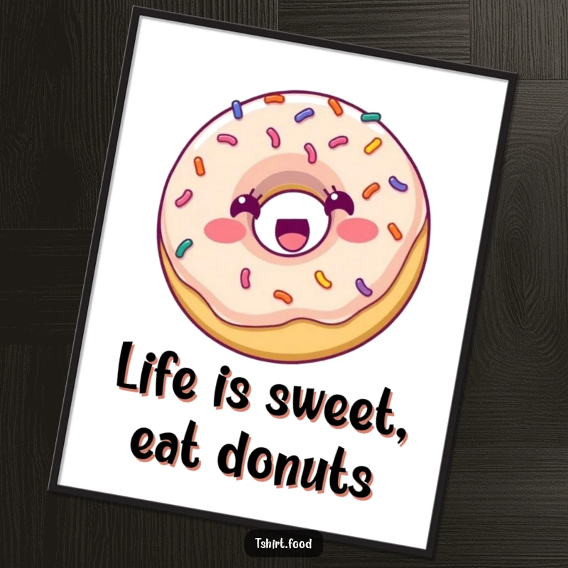 Funny Free Printable Wall Art: A happy donut covered in sprinkles, bouncing excitedly with pure, infectious joy.