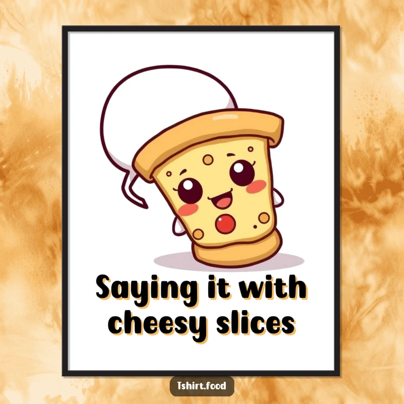 Funny free printable wall art: cheesy pizza slice peeking from behind a speech bubble, humorous and vibrant downloadable decor.