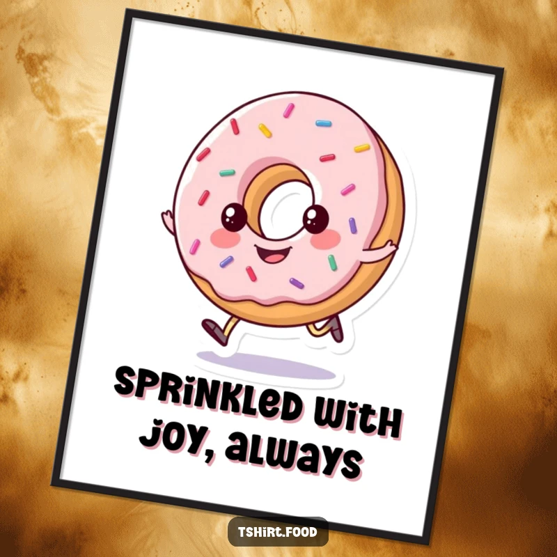 Funny free printable wall art: happy donut with sprinkles doing a little hop, vibrant and playful downloadable decor.