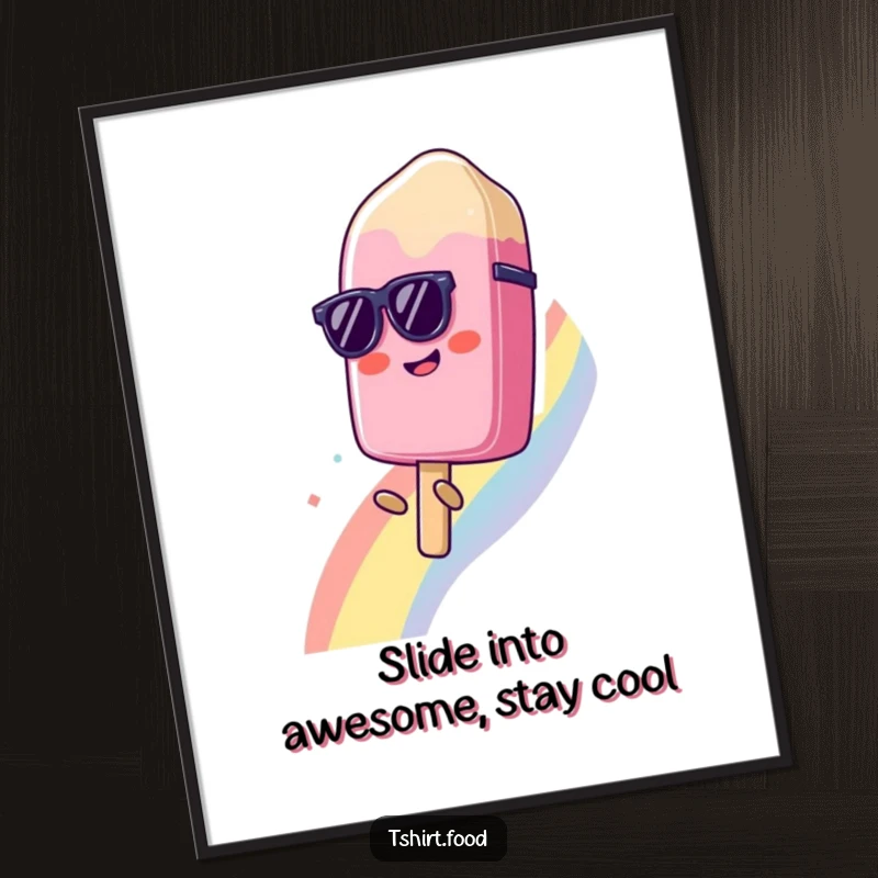 Funny Free Printable Wall Art: A cool popsicle with sunglasses slides down a vibrant rainbow, bringing cheerful vibes.