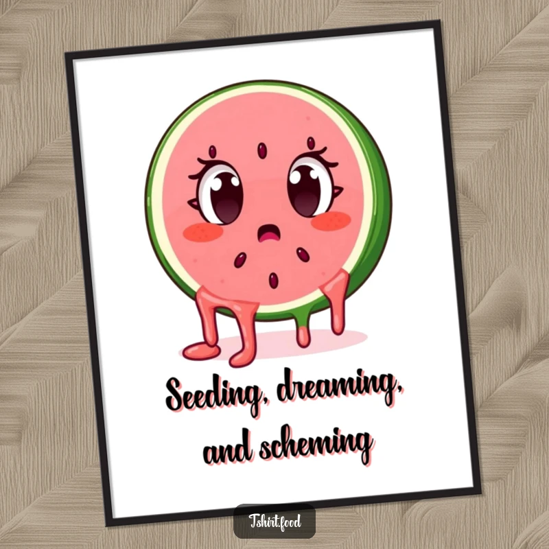 Funny Free Printable Wall Art of a surprised watermelon slice character, eyes wide, seeds dripping.