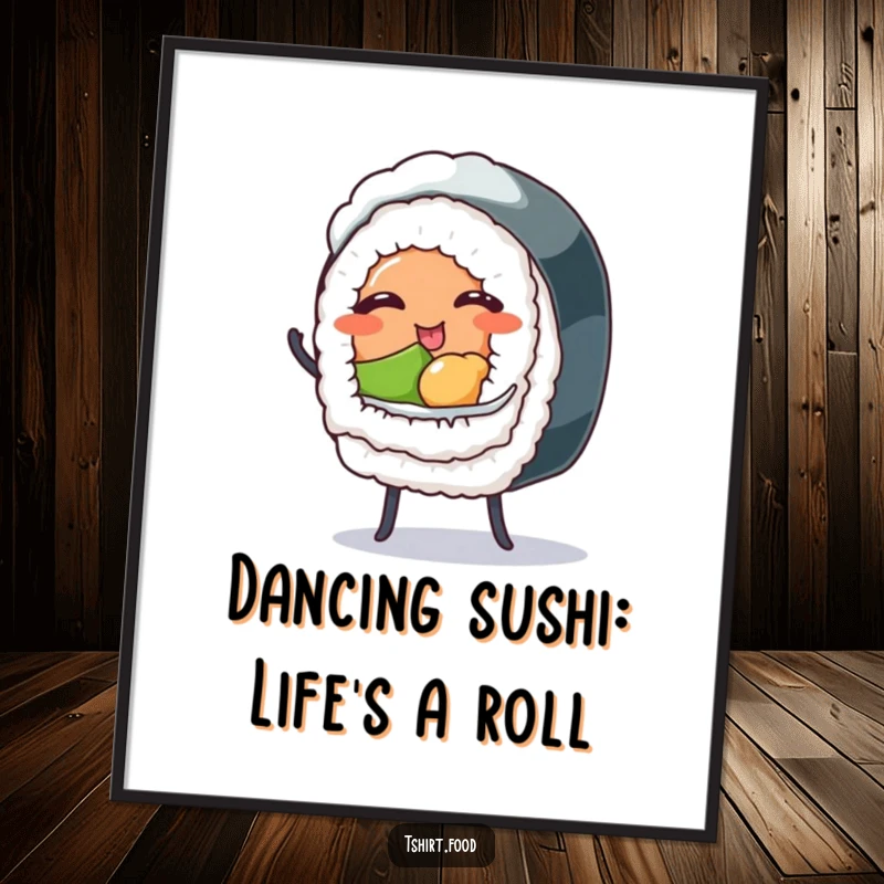 Funny free printable wall art: winking sushi roll with tiny legs dancing energetically, vibrant and playful downloadable decor.