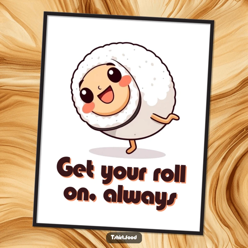 Funny Free Printable Wall Art: A happy sushi roll with legs captured mid-cartwheel, bringing dynamic, quirky energy.