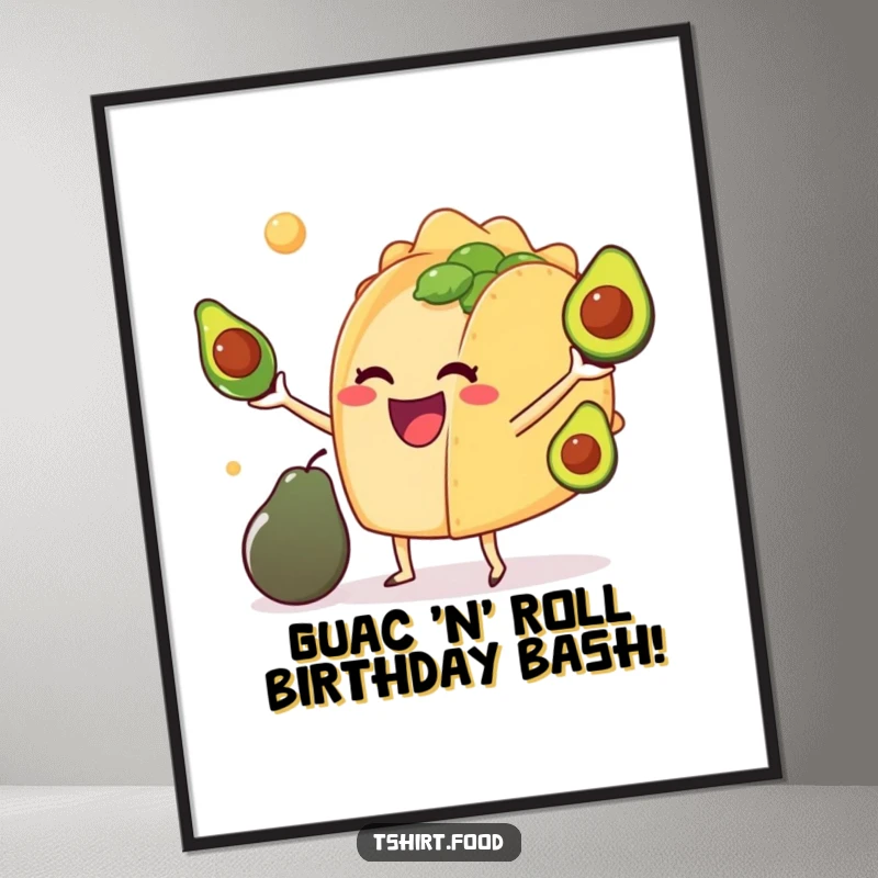 Funny Free Printable Wall Art: A happy anthropomorphic taco in mid-air juggling tiny avocados with pure delight.
