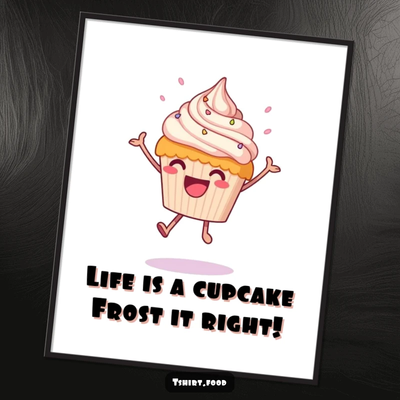 Funny Free Printable Wall Art: A happy cupcake with frosting raining down, doing an energetic joyful leap. Whimsical downloadable decor.