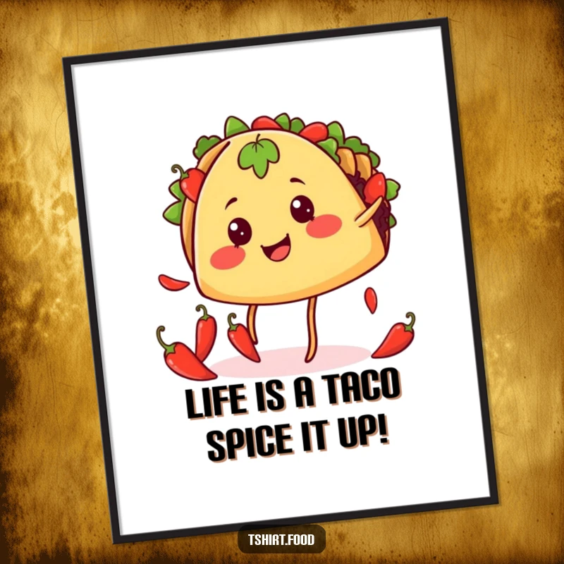 Funny Free Printable Wall Art: A smiling taco with legs expertly juggling tiny chili peppers. Lively downloadable decor.