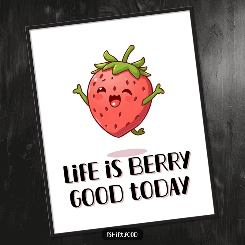 Free Printable Wall Art: Strawberry character with tiny leaf arms doing a happy high jump, adding energetic decor.