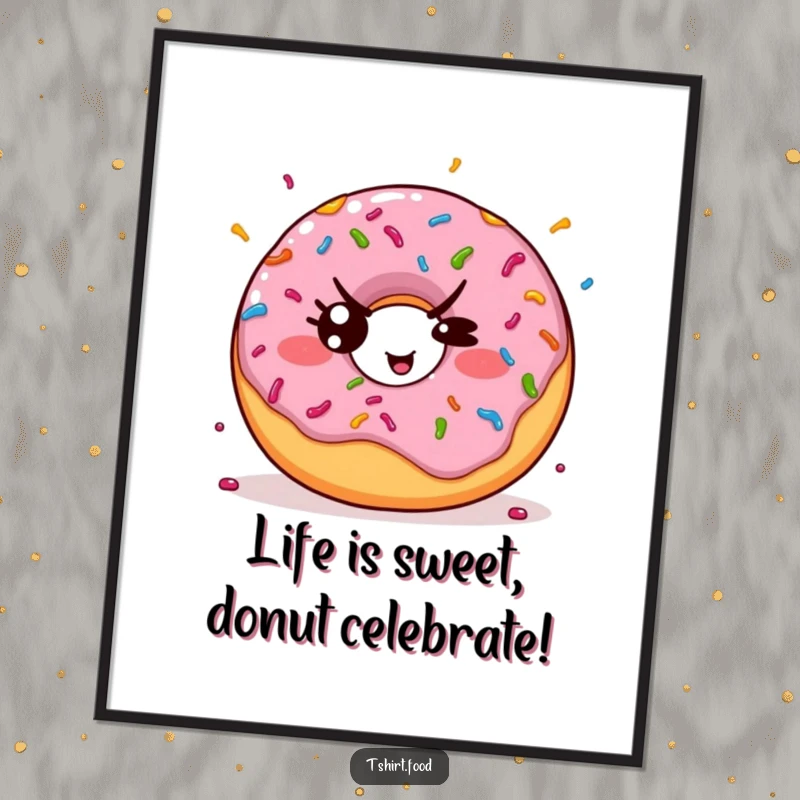 Funny Free Printable Wall Art: A kawaii donut with a mischievous expression, throwing colorful sprinkles.