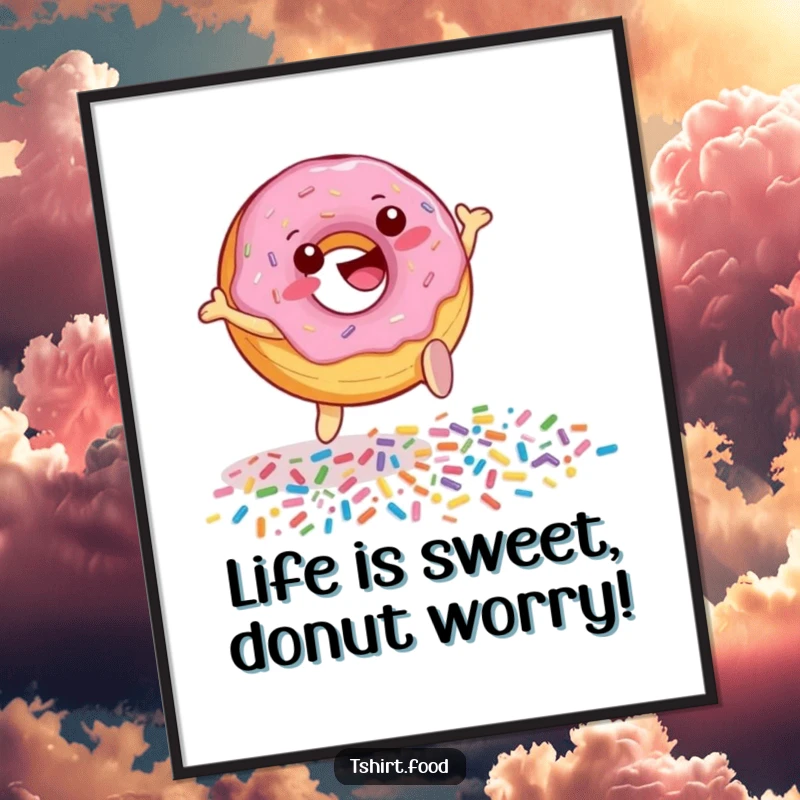 Funny Free Printable Wall Art: A cheerful donut character happily leaps over a scattering of rainbow sprinkles, downloadable art.