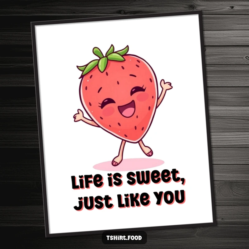 Funny Free Printable Wall Art: A giggling strawberry is captured mid-silly dance, radiating infectious joy and energy.