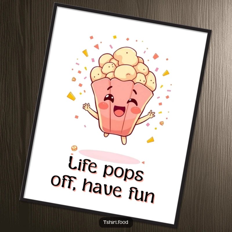 Funny Free Printable Wall Art: A delighted popcorn kernel character explodes with glee and colorful confetti, creating festive decor.