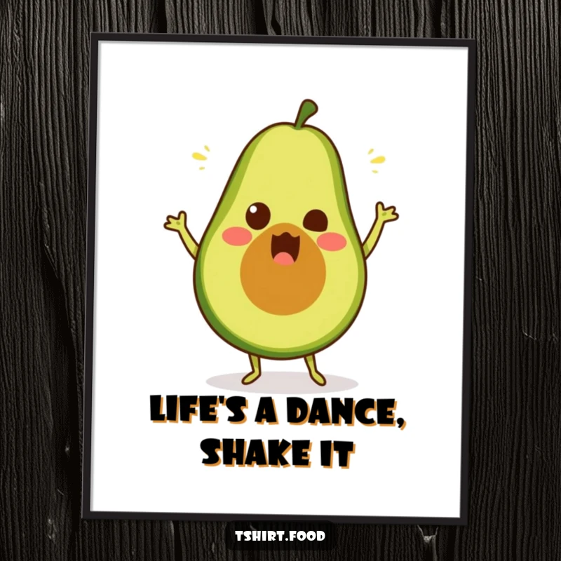 Funny Free Printable Wall Art of a surprised avocado doing a goofy, energetic dance, perfect for adding a splash of humor to any room.