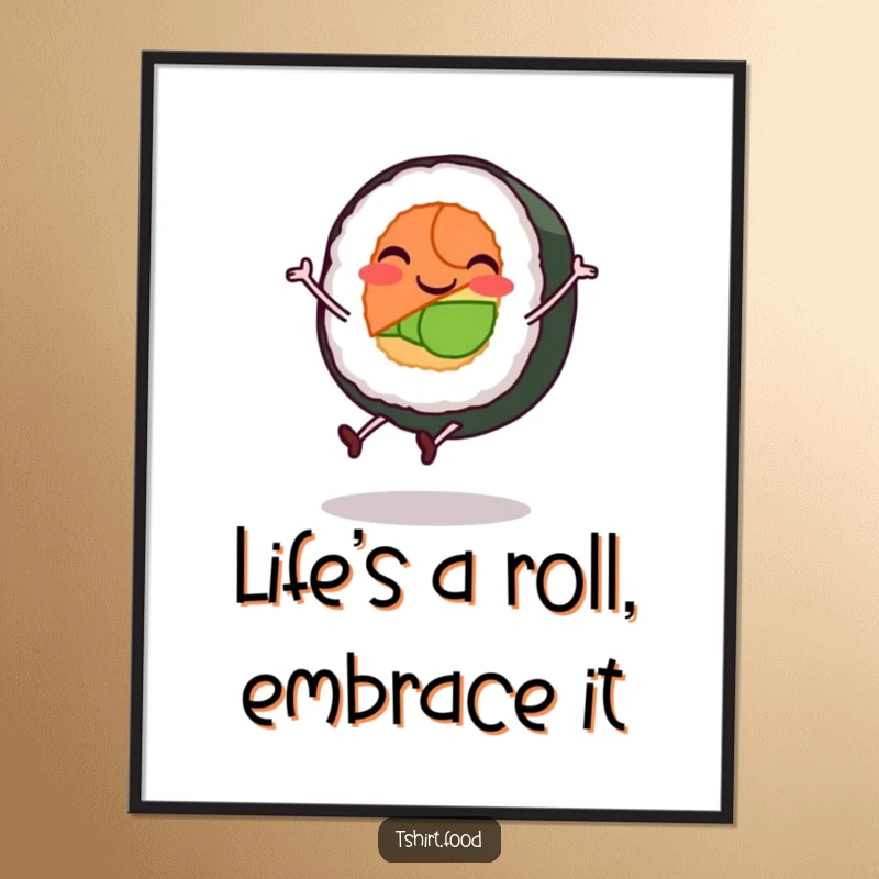 Funny free printable wall art of a smiling sushi roll character with tiny legs performing a lively cartwheel.
