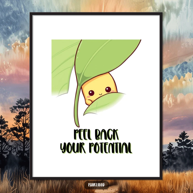 Funny Free Printable Wall Art of a shy banana peeking from behind a large green leaf, adding a touch of gentle humor and intrigue.
