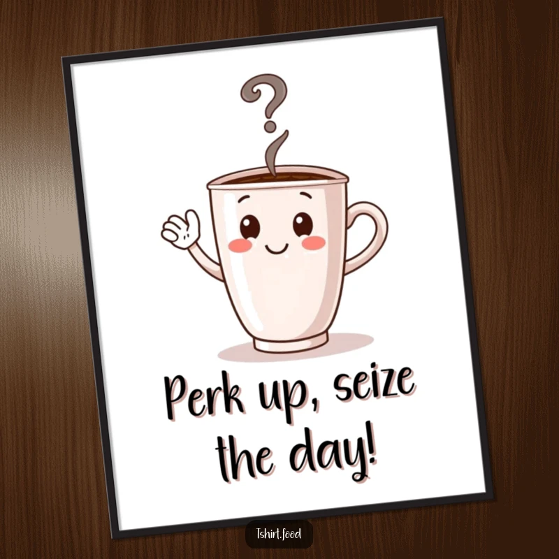 Funny Free Printable Wall Art: Waving coffee cup character with steam forming a question mark, a quirky piece of downloadable art.