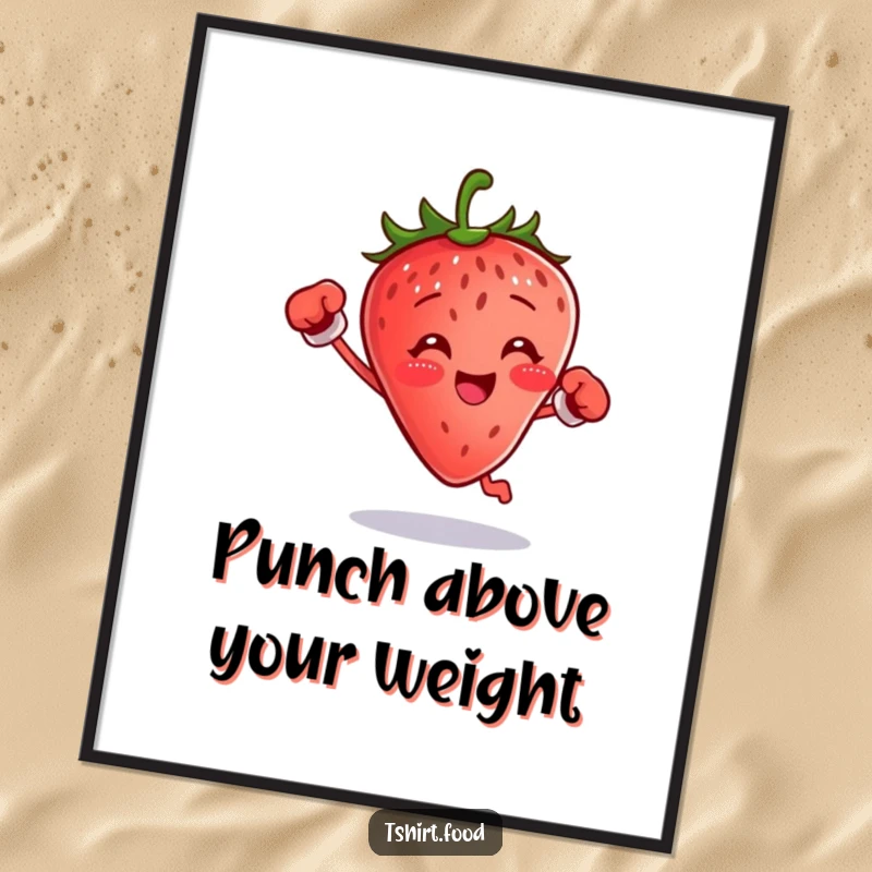 Funny Free Printable Wall Art of a strawberry wearing small boxing gloves, captured mid-jump as if delivering a playful punch, full of energy.