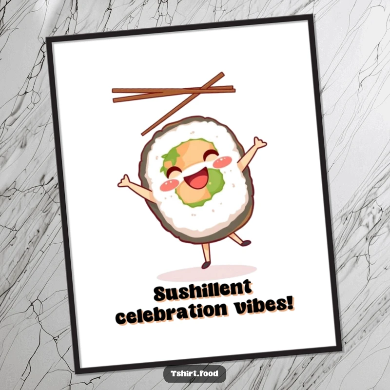 Funny Free Printable Wall Art: A smiling sushi roll in a celebratory cartwheel with chopsticks flying.